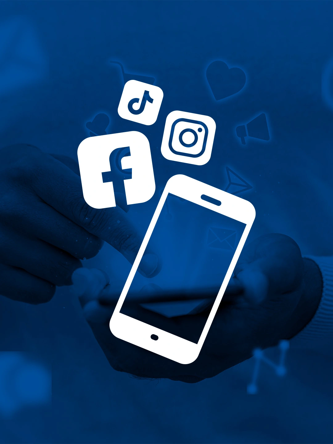 Social media icons over a cell phone representing